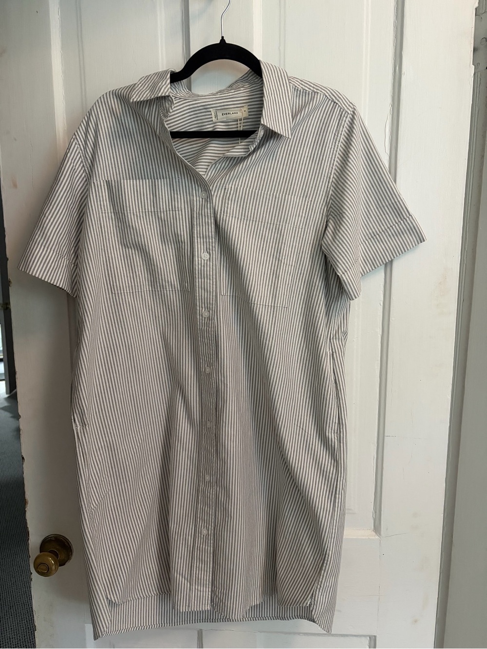 Everlane White and Gray Pinstriped Short Sleeve Button-Down Dress